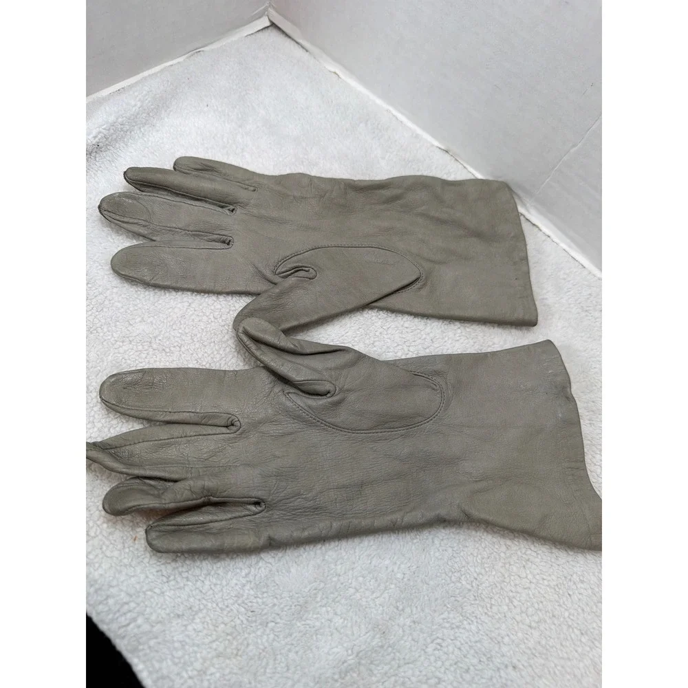 Aris Leather Gloves Women Size 8 Grey Vintage Antron Nylon Lined Whipstitch Trim